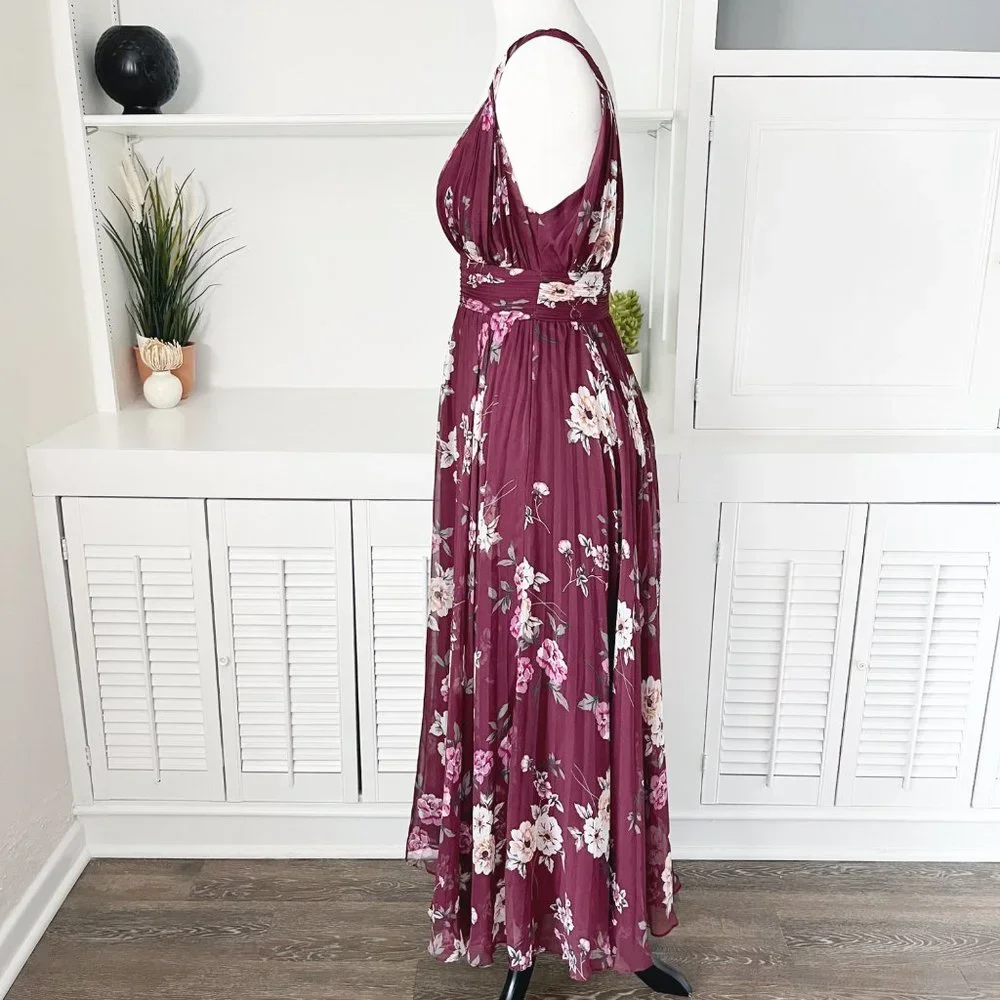 Jill Stuart | Burgundy Floral Print Pleated Zola Midi Dress | 0 - Picture 5 of 10